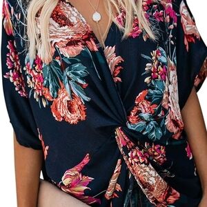 Umgee Navy Floral Knot Blouse